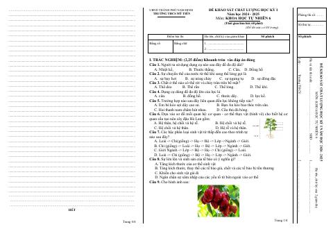 Đề thi Học kì 1 KHTN 6 năm 2024-2025 trường THCS Mỹ Tiến (Nam Định)